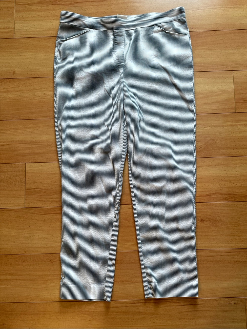 Zac & Rachel Blue White Pinstripe Chinos seersucker slide-on cropped pants 12
